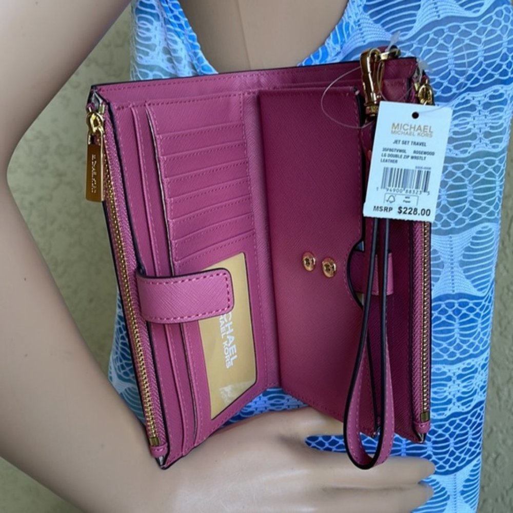 Michael Kors Jet Set Travel Large Double Zip Wristlet Wallet Rosewood Leather - Picture 10 of 15